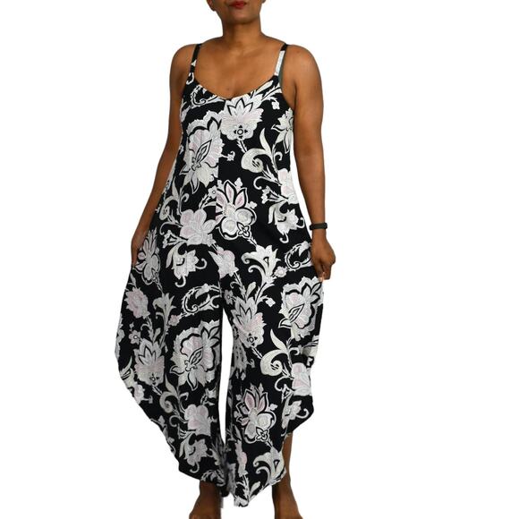 Wide Leg Jumpsuit Black Printed Draped Pink Straps Capri Loose Sack Size Medium - Picture 13 of 13